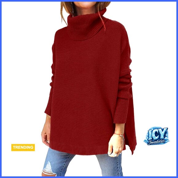 Viscose Polyester Turtleneck Batwing Sleeve Pullover Sweater Split Hem
